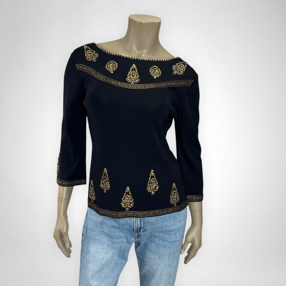 Vintage‎ JOSEPH A Black Knit Top Beaded Gold Embroidered Bateau Neck XL